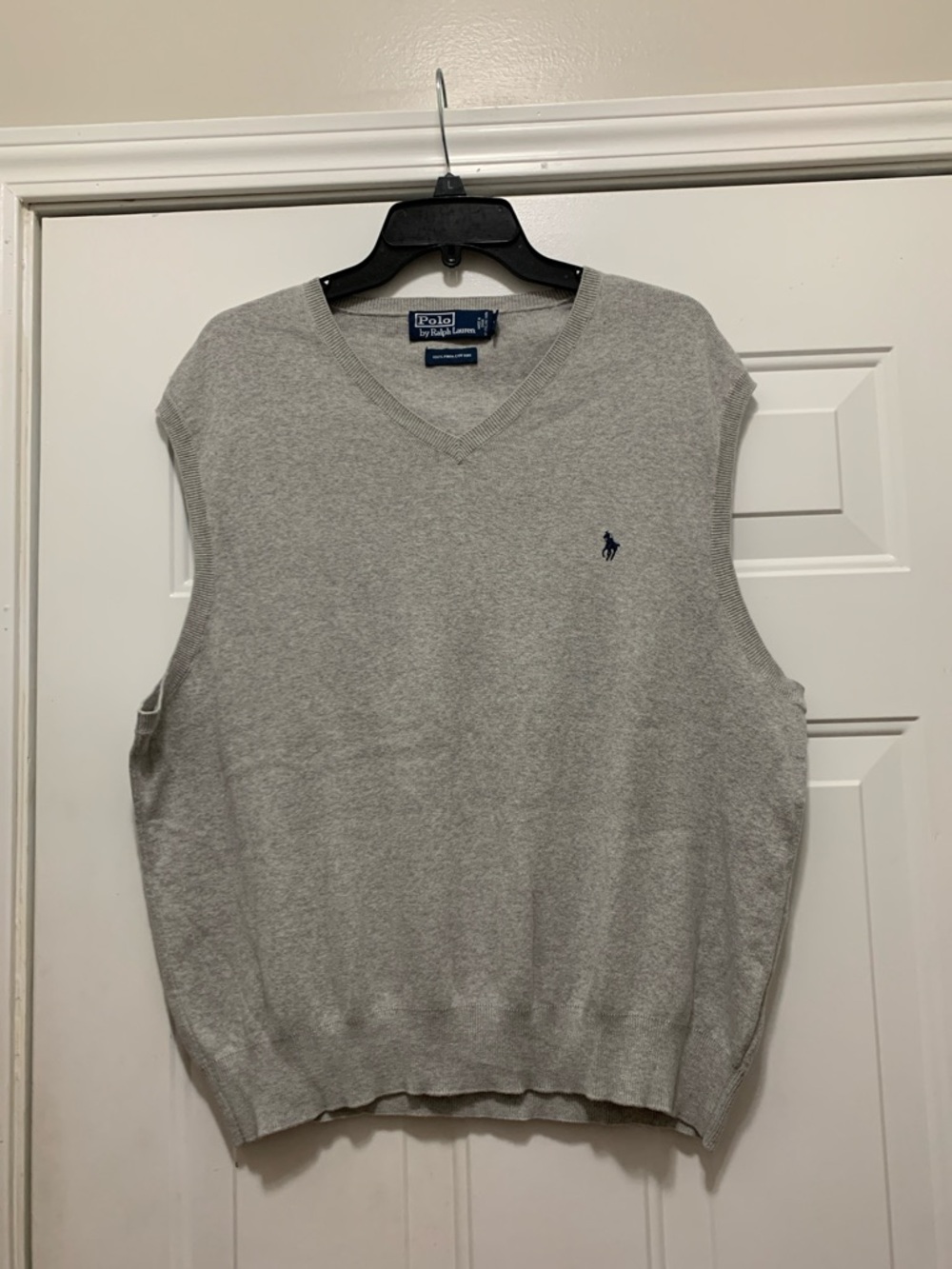 Ralph Lauren 100% Cotton  Light Gray V-Neck Sweater Vest with Navy Pony Size XL